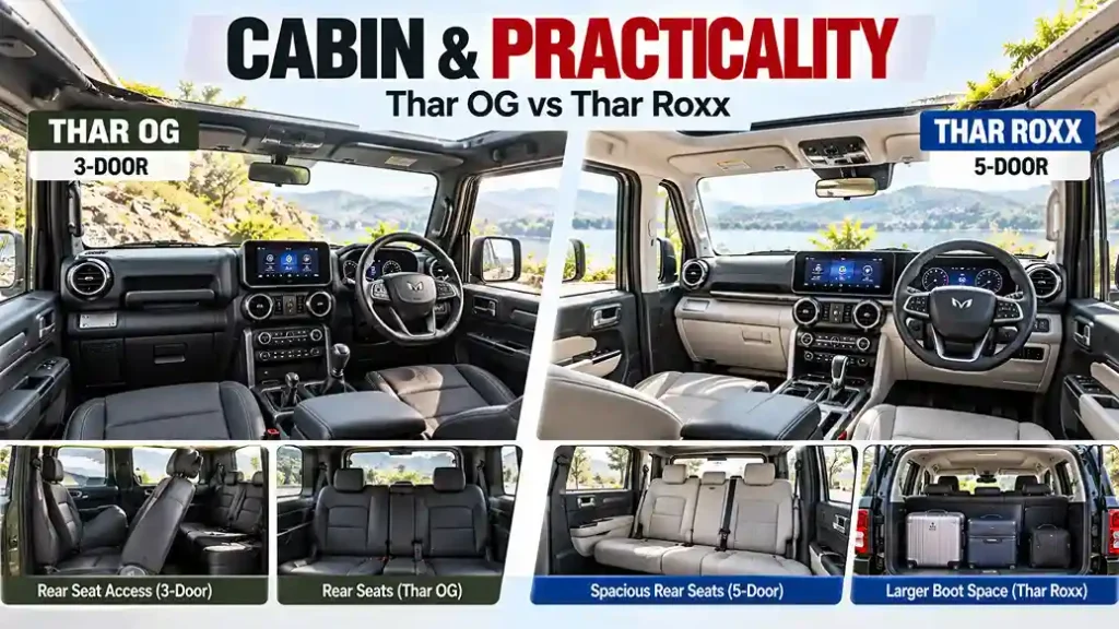 Mahindra Thar OG vs Thar Roxx interiors compared for cabin space and family practicality
