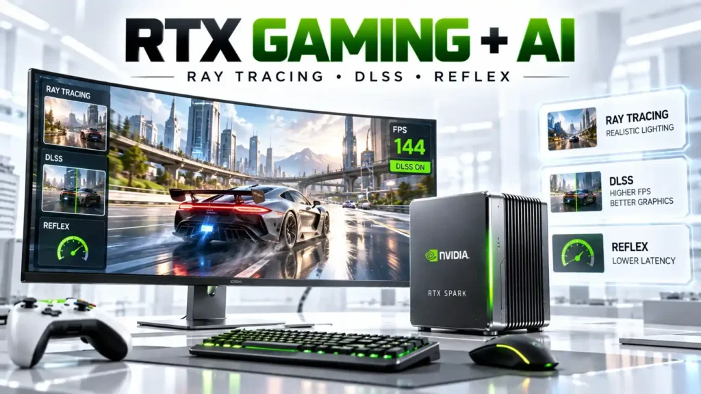 NVIDIA RTX Spark gaming PC showing ray tracing, DLSS and Reflex features on a futuristic racing game