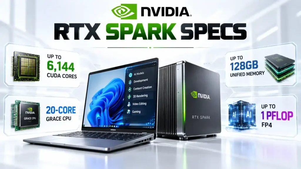 NVIDIA RTX Spark specifications showing up to 6,144 CUDA cores, 128GB unified memory and 20-core Grace CPU