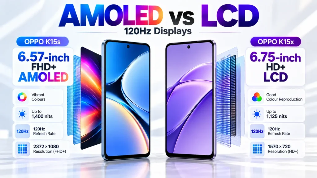 OPPO K15s AMOLED and K15x LCD display comparison with 6.57-inch and 6.75-inch screens