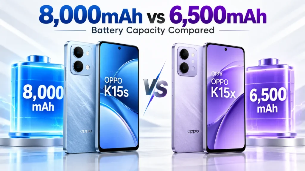 OPPO K15s and K15x battery comparison showing 8,000mAh vs 6,500mAh capacity
