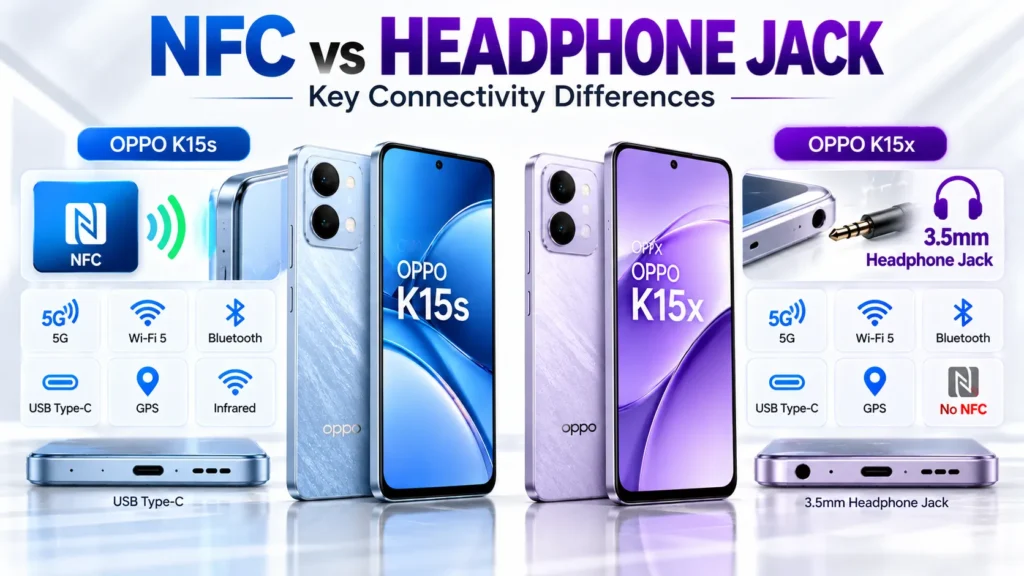 OPPO K15s and K15x connectivity comparison showing NFC and 3.5mm headphone jack differences