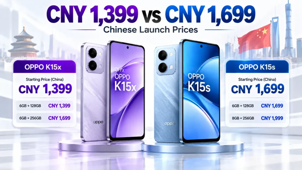 OPPO K15s vs K15x Chinese launch price comparison showing CNY 1,699 and CNY 1,399