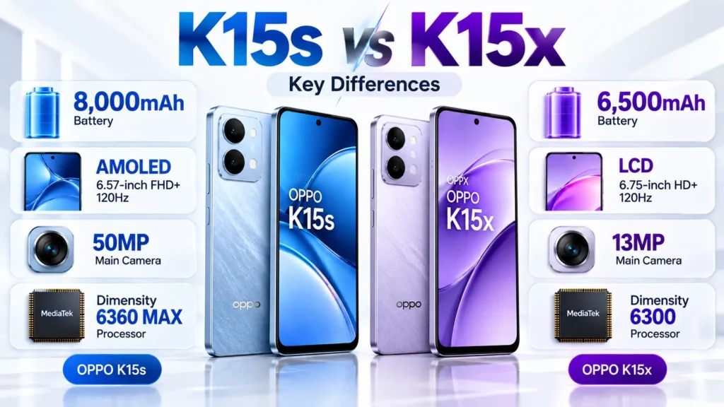 OPPO K15s vs K15x key specifications comparison including battery, display, camera and processor
