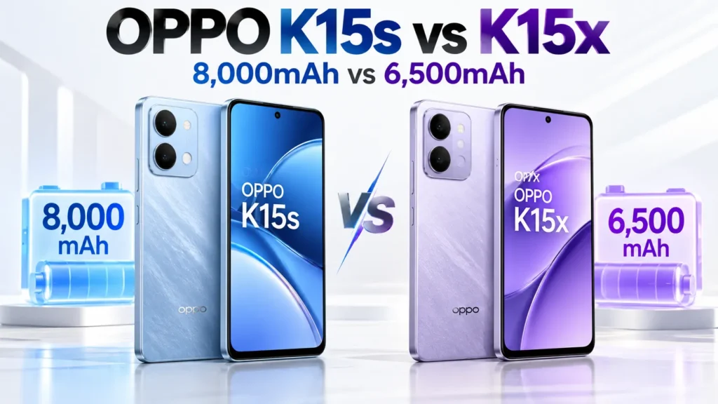 OPPO K15s vs K15x smartphone comparison showing 8,000mAh and 6,500mAh batteries