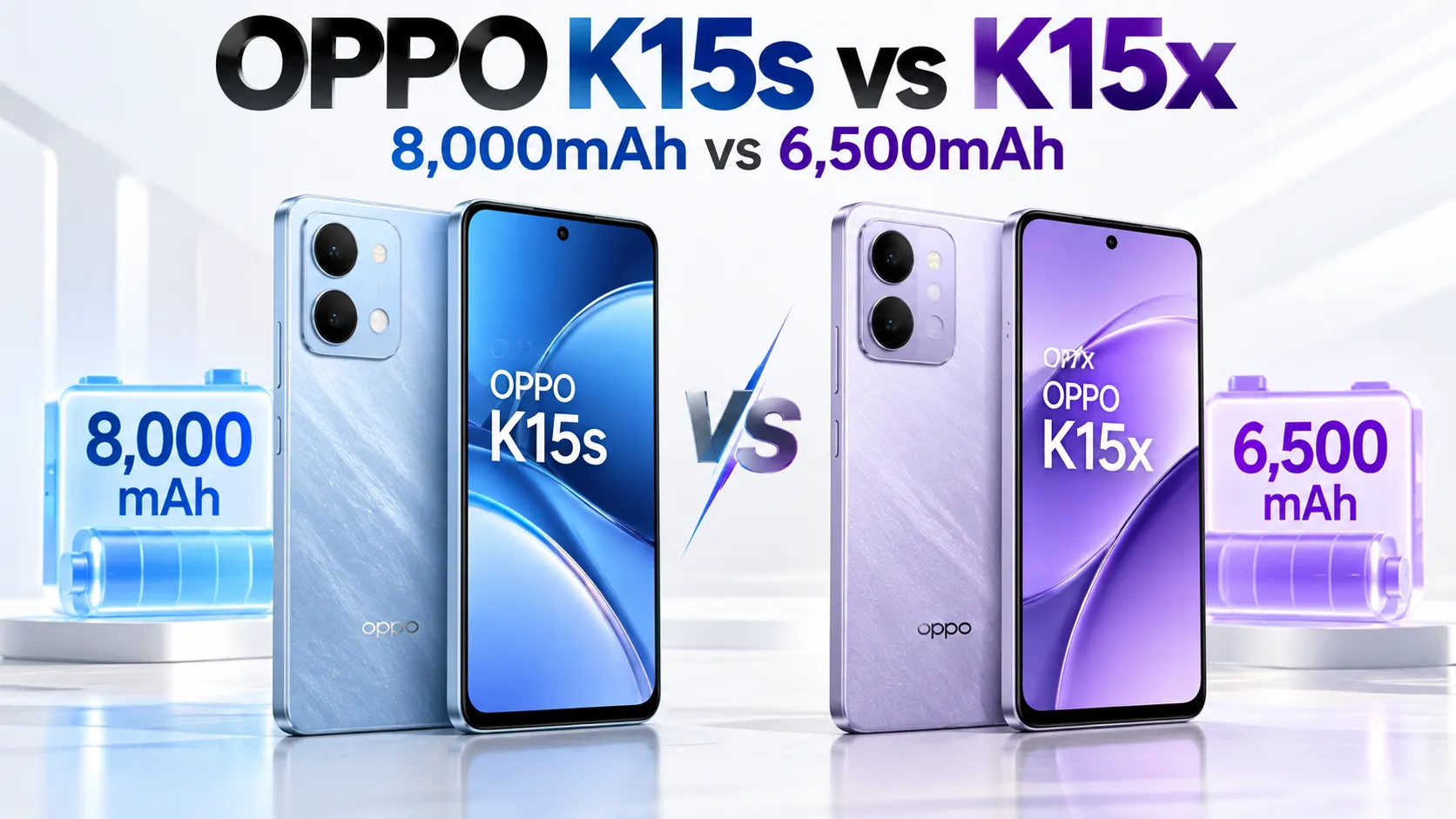 OPPO K15s vs K15x smartphone comparison showing 8,000mAh and 6,500mAh batteries