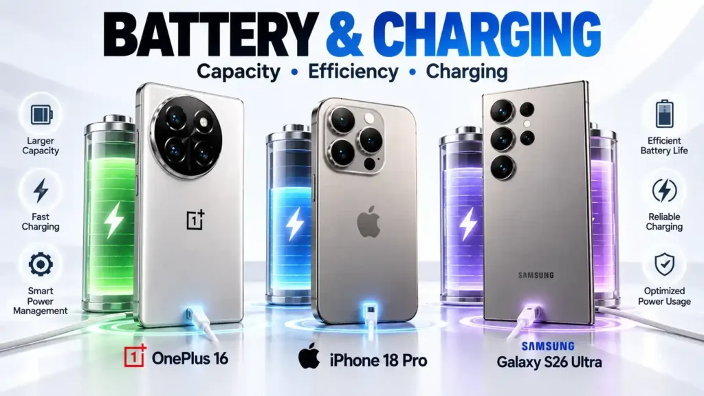 OnePlus 16 iPhone 18 Pro and Galaxy S26 Ultra battery and charging comparison