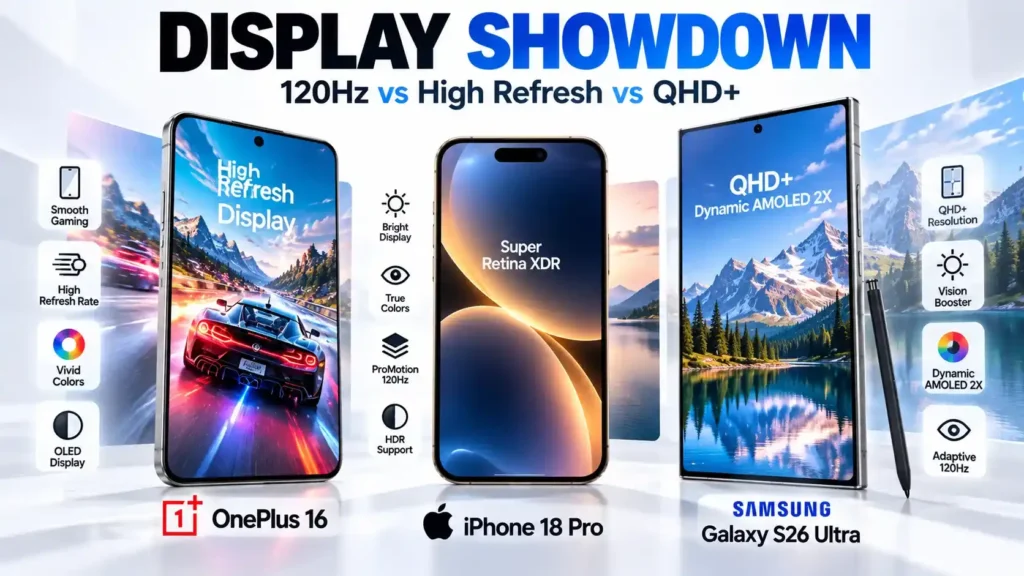 OnePlus 16 vs iPhone 18 Pro vs Galaxy S26 Ultra display comparison