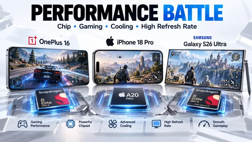 OnePlus 16 iPhone 18 Pro and Galaxy S26 Ultra performance and gaming comparison