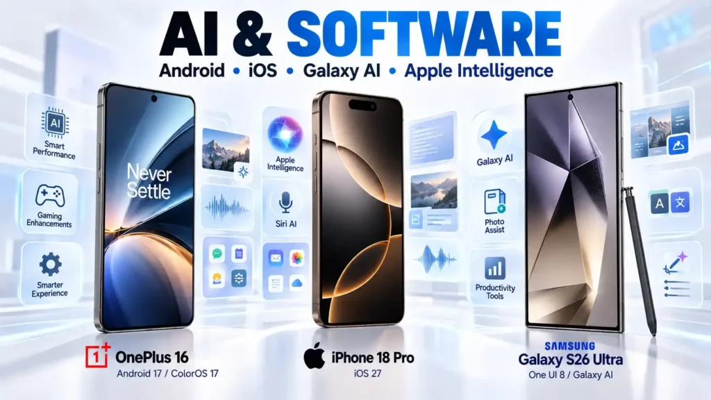 OnePlus 16 iPhone 18 Pro and Galaxy S26 Ultra software and AI comparison