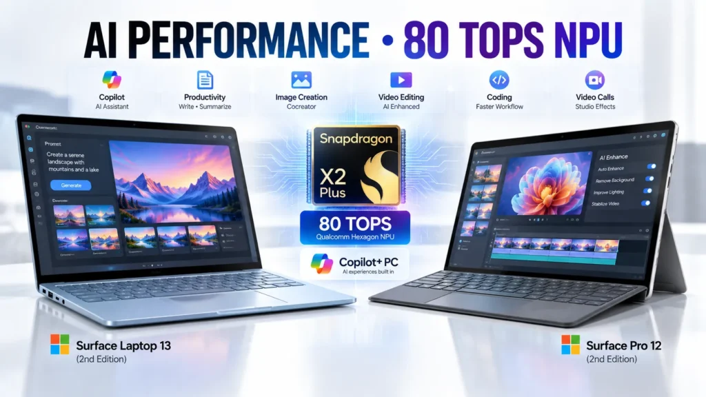Surface Laptop 13 and Surface Pro 12 showing AI performance with 80 TOPS NPU