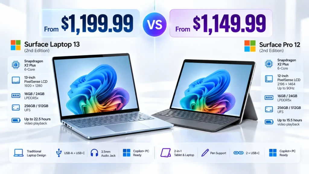 Surface Laptop 13 and Surface Pro 12 starting price comparison