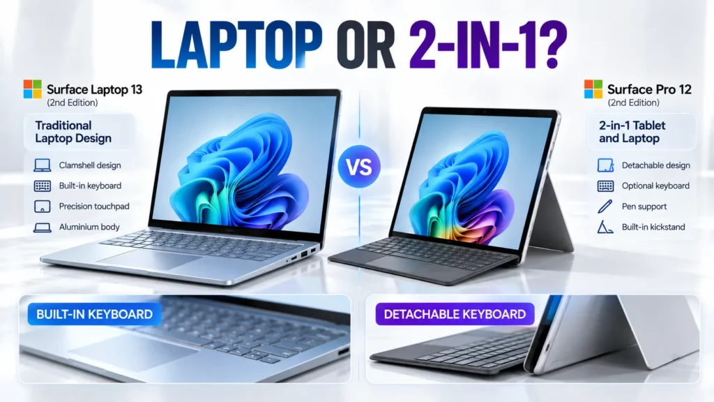 Surface Laptop 13 built-in keyboard compared with Surface Pro 12 detachable keyboard and kickstand