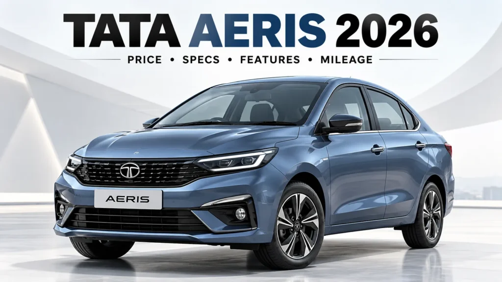 Tata Aeris 2026 sedan front three-quarter view with price, specifications, features and mileage