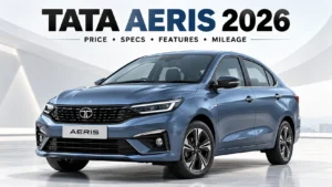 Tata Aeris 2026 sedan front three-quarter view with price, specifications, features and mileage